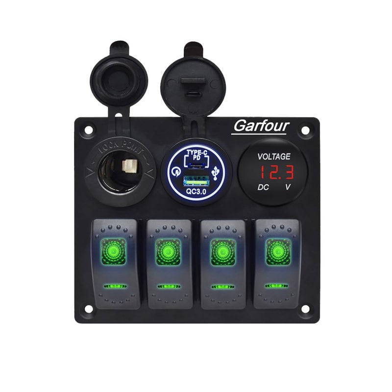 Garfour Green Marine Waterproof Red Boat Switch Panel Aluminium Panel with 12V Voltmeter Type-C and QC3.0 USB Charging Socket Rocker Witch Panel for Car Boat - Image 1